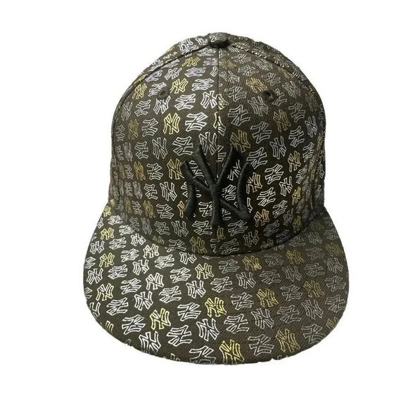 New York Yankees Hat Cap Fitted 7 1/2 Brown Gold 59Fifty  All Over Logo Wool - Picture 2 of 16